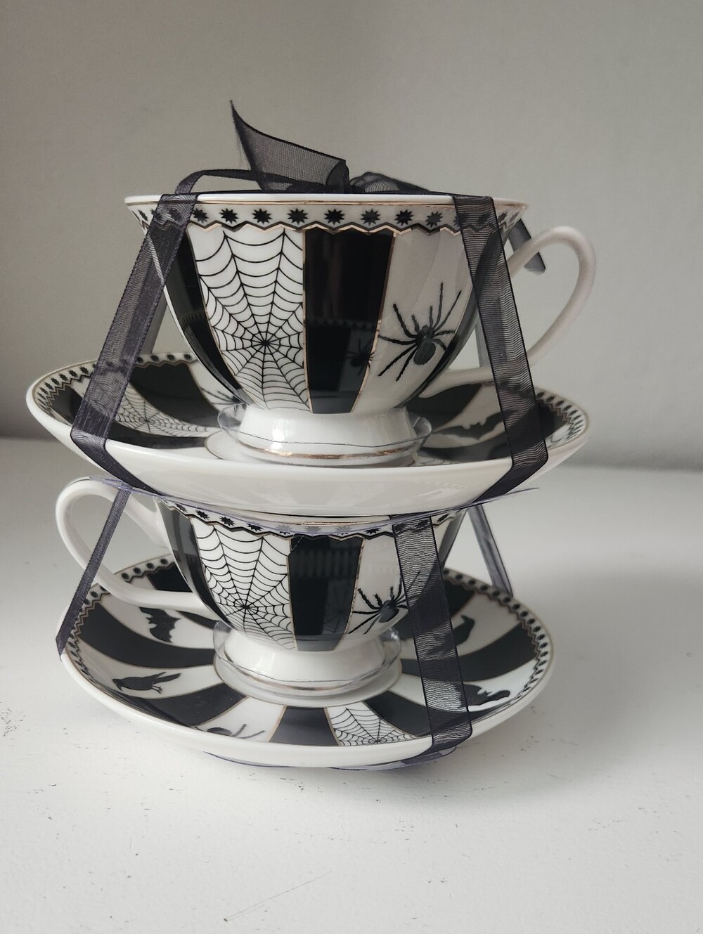 Black & White Striped Halloween Spider Teacup and Saucer Set Of 2